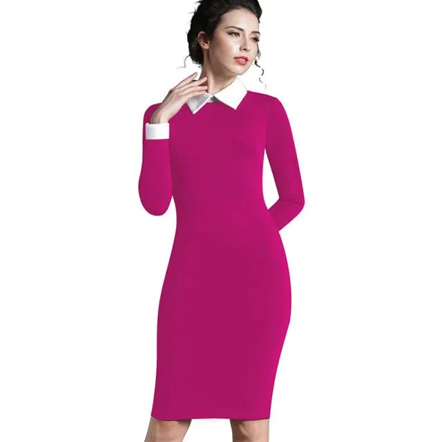 Nice-forever Career Women Autumn Turn-down Collar Fit Work Dress Vintage Elegant Business office Pencil bodycon Midi Dress 751