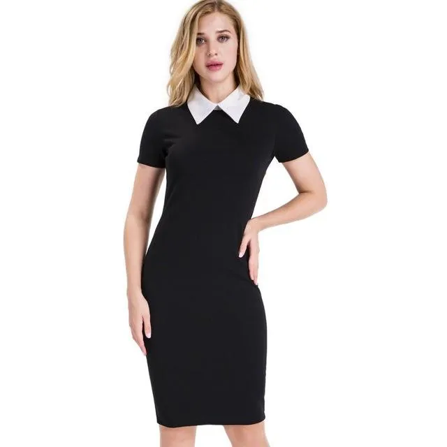 Nice-forever Career Women Autumn Turn-down Collar Fit Work Dress Vintage Elegant Business office Pencil bodycon Midi Dress 751