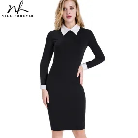 Nice-forever Career Women Autumn Turn-down Collar Fit Work Dress Vintage Elegant Business office Pencil bodycon Midi Dress 751
