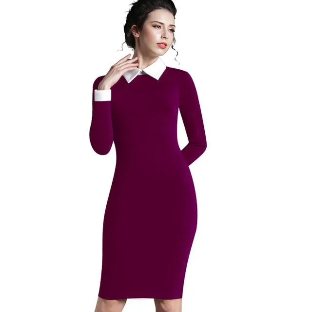 Nice-forever Career Women Autumn Turn-down Collar Fit Work Dress Vintage Elegant Business office Pencil bodycon Midi Dress 751