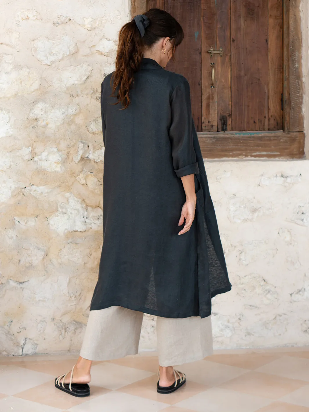 Nova Longline Linen Coat Charcoal