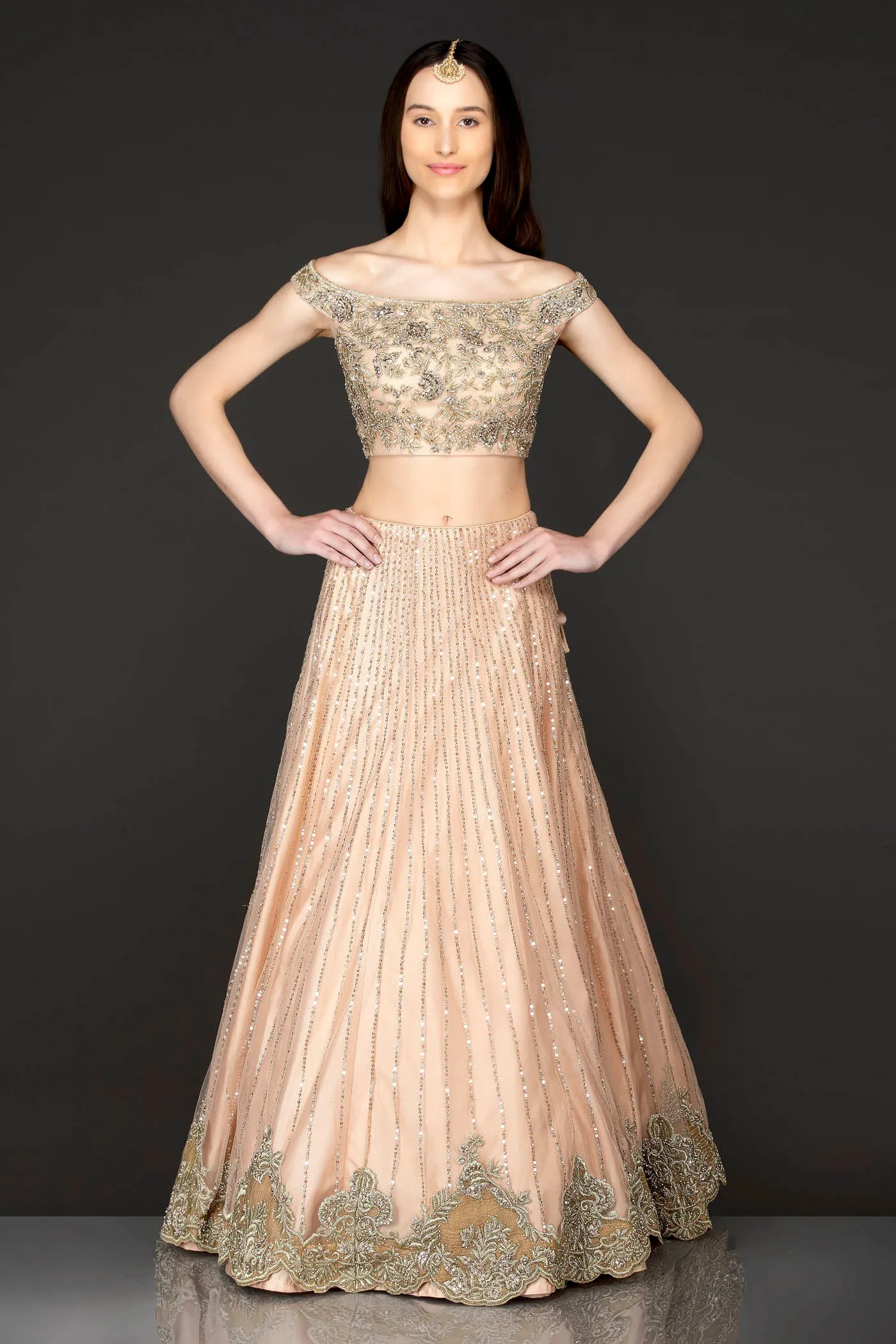 Nude Colour Net Off Shoulder Top And Skirt With Net Dupatta Gold Zari And Sequence Embroidery