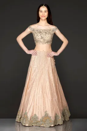 Nude Colour Net Off Shoulder Top And Skirt With Net Dupatta Gold Zari And Sequence Embroidery