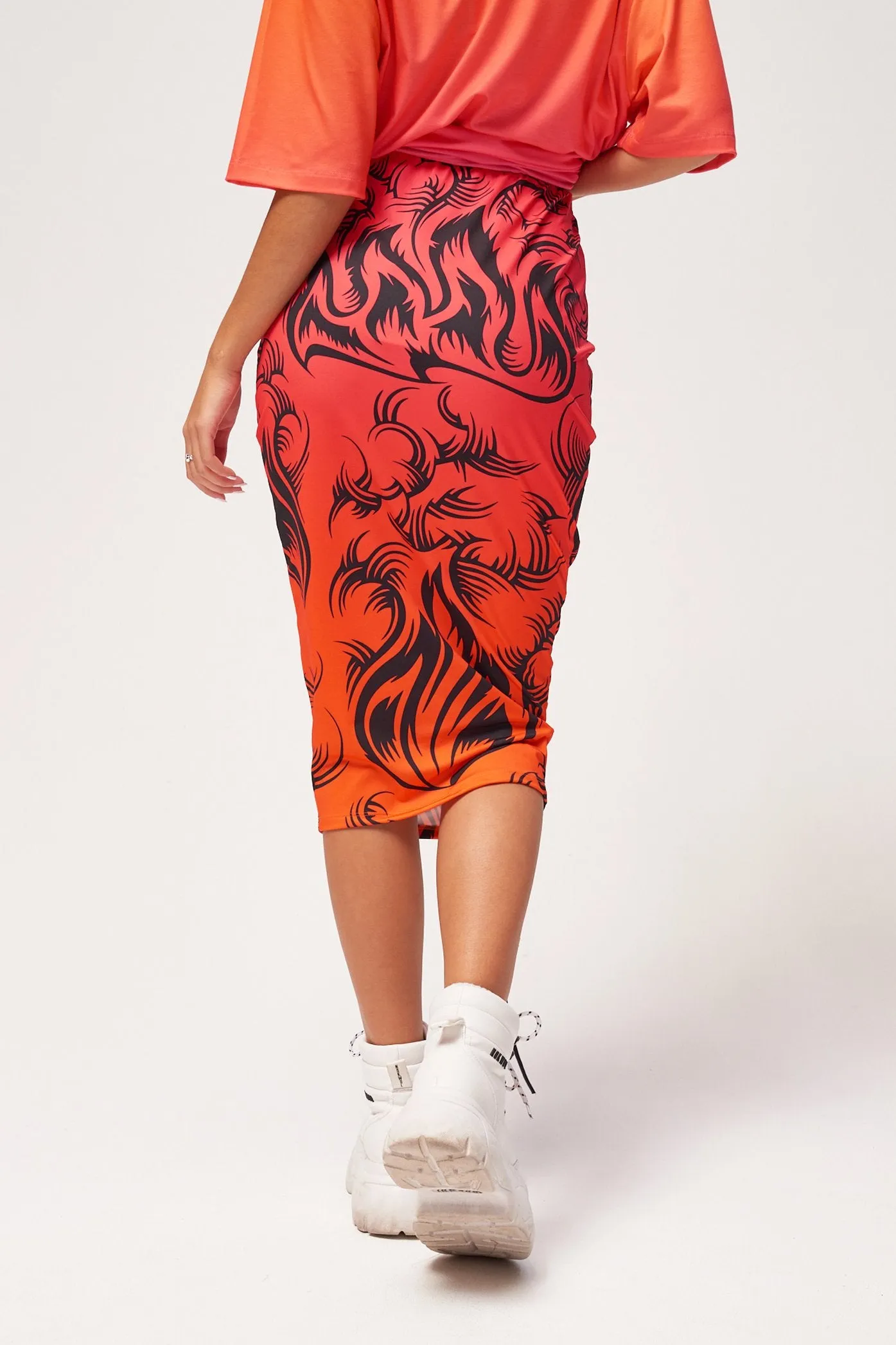 Ombre Tribal Print Lace Up Midi Skirt
