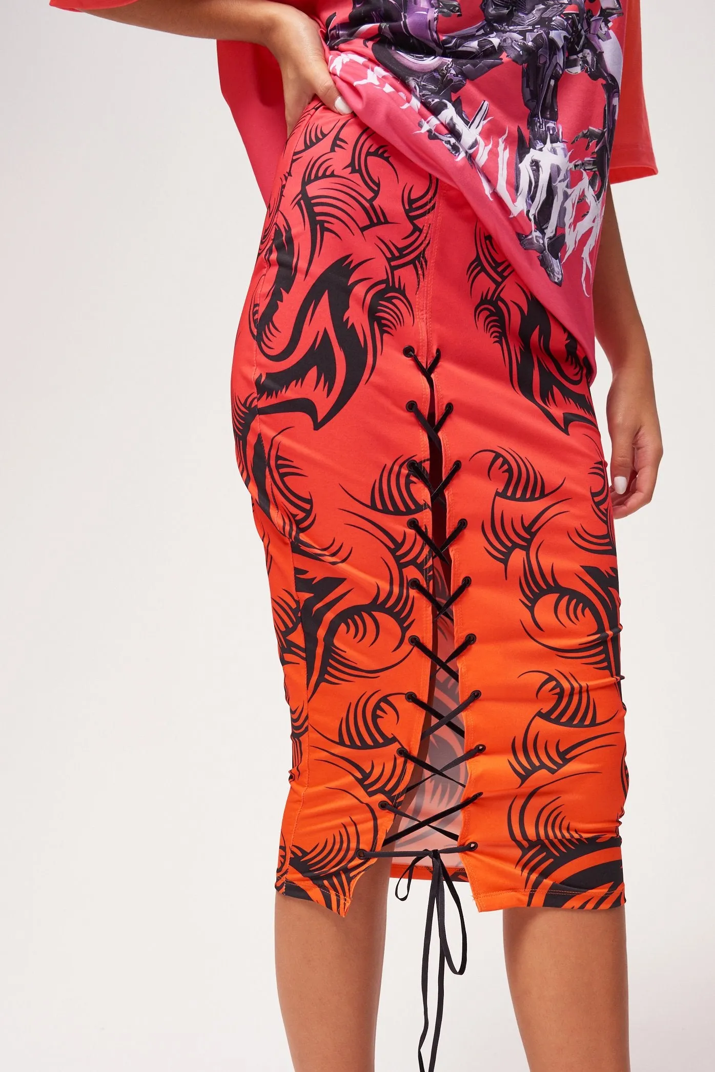 Ombre Tribal Print Lace Up Midi Skirt
