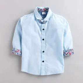 Polka Tots 100% Cotton Full Sleeves Solid Shirt With Bow Tie - Blue