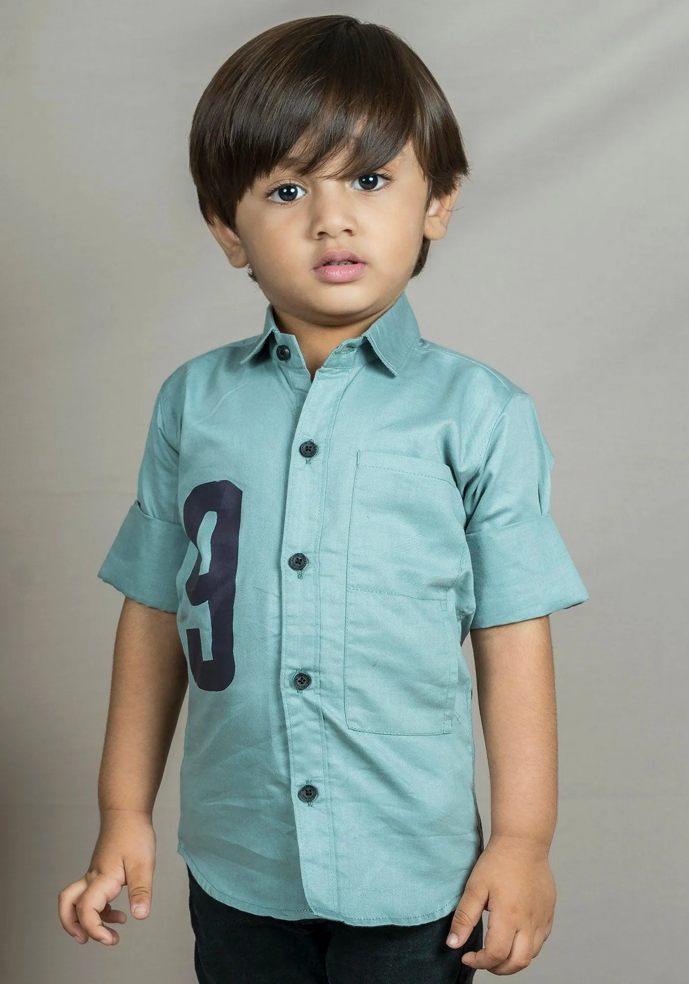 Polka Tots Full Sleeves Number print Solid Shirt - Greyish Blue