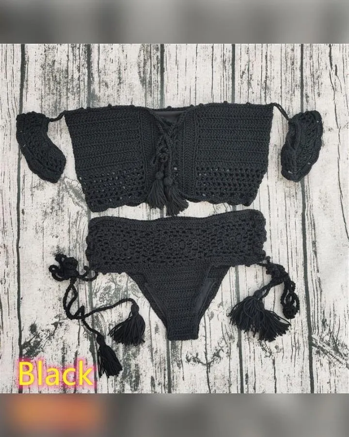 Solid Short Strap Cold Shoulder Bra With Panties Bikini Sets