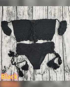 Solid Short Strap Cold Shoulder Bra With Panties Bikini Sets