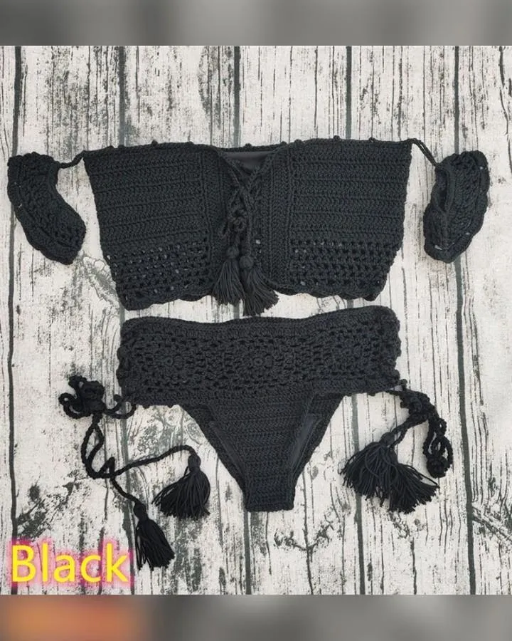 Solid Short Strap Cold Shoulder Bra With Panties Bikini Sets