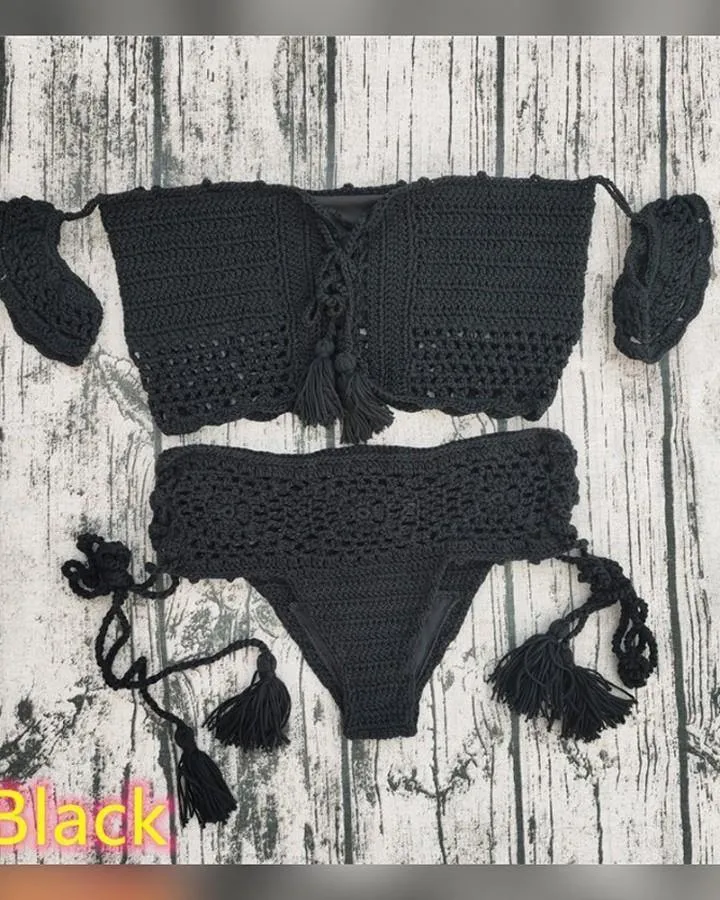 Solid Short Strap Cold Shoulder Bra With Panties Bikini Sets