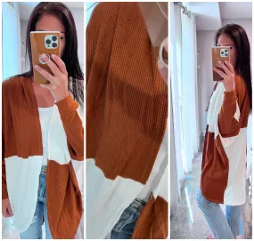 WAFFLE KNIT COLOR BLOCK COCOON CARDIGAN