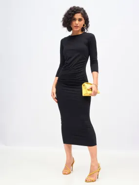 Women Black Waist Ruched Bodycon Maxi Dress