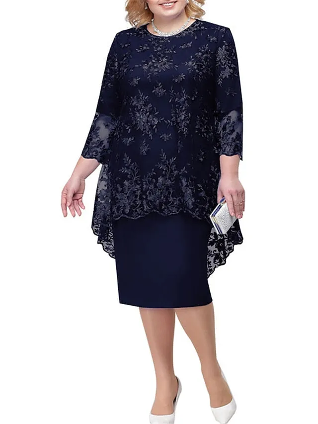 Women's Plus Size Curve Wedding Guest Dress Lace A Line Dress Floral Round Neck Lace 3/4 Length Sleeve Spring Summer Casual Motherâ€˜s Day Knee Length Dress Daily Holiday Dress