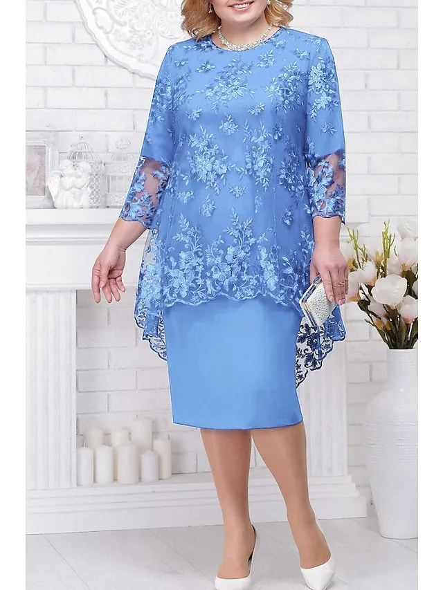 Women's Plus Size Curve Wedding Guest Dress Lace A Line Dress Floral Round Neck Lace 3/4 Length Sleeve Spring Summer Casual Motherâ€˜s Day Knee Length Dress Daily Holiday Dress