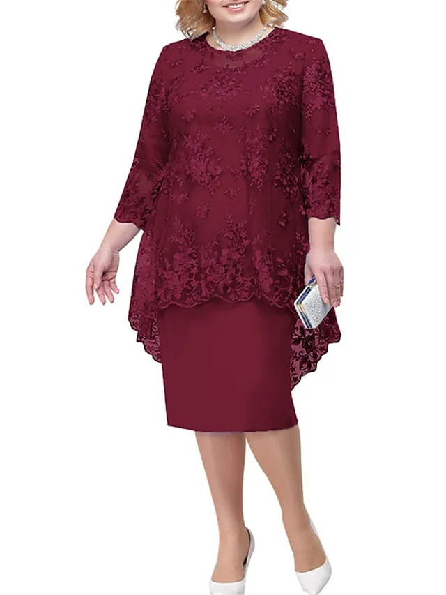 Women's Plus Size Curve Wedding Guest Dress Lace A Line Dress Floral Round Neck Lace 3/4 Length Sleeve Spring Summer Casual Motherâ€˜s Day Knee Length Dress Daily Holiday Dress