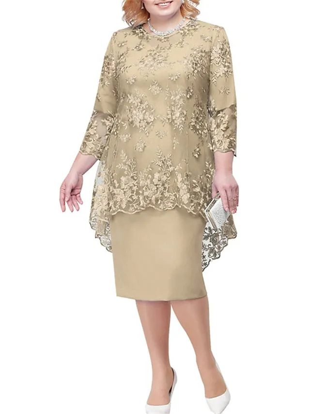 Women's Plus Size Curve Wedding Guest Dress Lace A Line Dress Floral Round Neck Lace 3/4 Length Sleeve Spring Summer Casual Motherâ€˜s Day Knee Length Dress Daily Holiday Dress