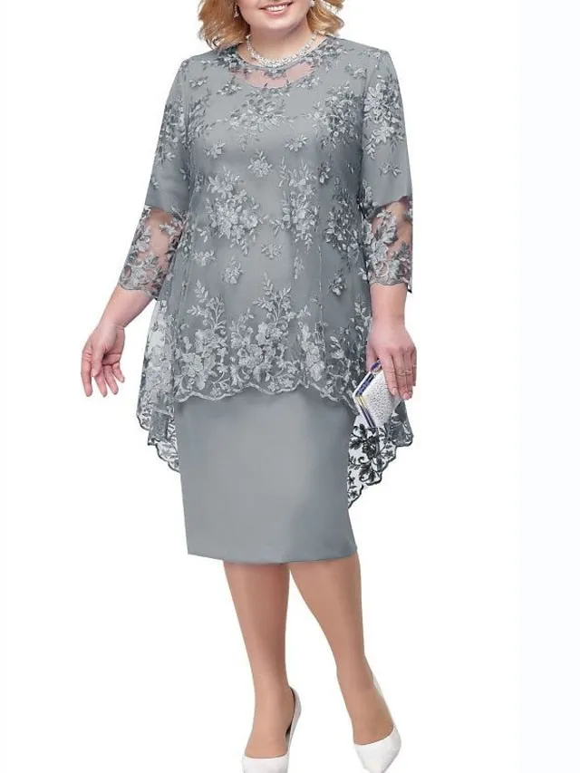 Women's Plus Size Curve Wedding Guest Dress Lace A Line Dress Floral Round Neck Lace 3/4 Length Sleeve Spring Summer Casual Motherâ€˜s Day Knee Length Dress Daily Holiday Dress